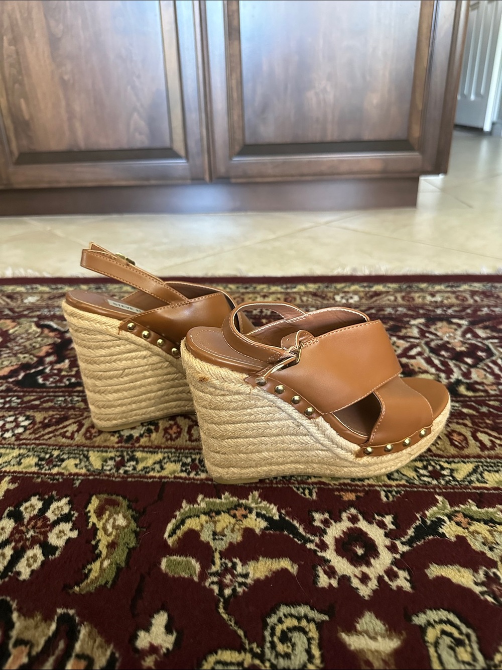 Steve Madden Elinna Cognac Leather Braided Espadrille Wedges 7.5 - Picture 4 of 4